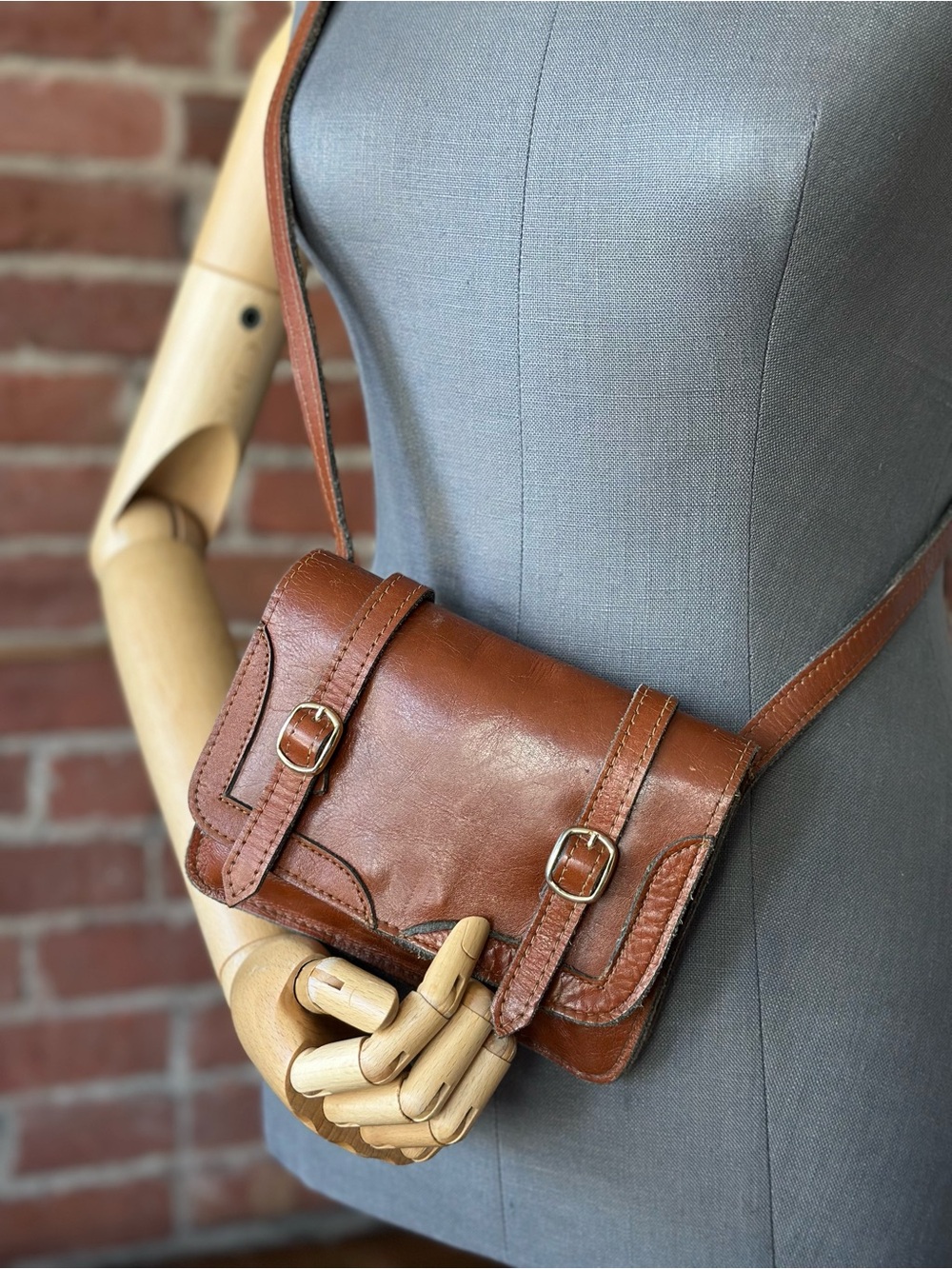 BUGATTI 90s Leather Mini Crossbody Bag Brown Boho Satchel